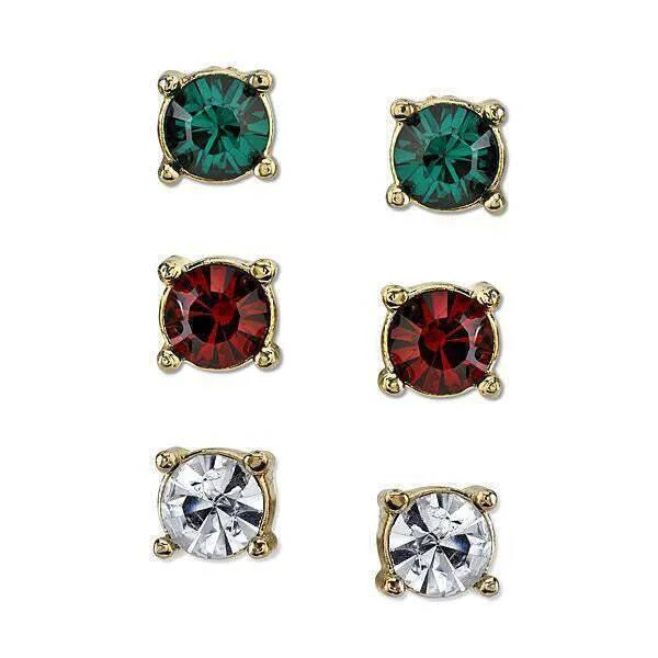 2028 Jewelry Gold-Tone Green, Red, And Crystal Trio Stud Earrings