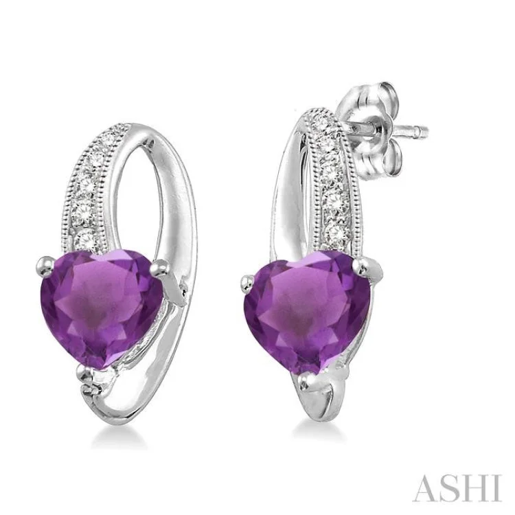 7x7 mm Heart Shape Amethyst and 1/20 ctw Single Cut Diamond Earrings in Sterling Silver