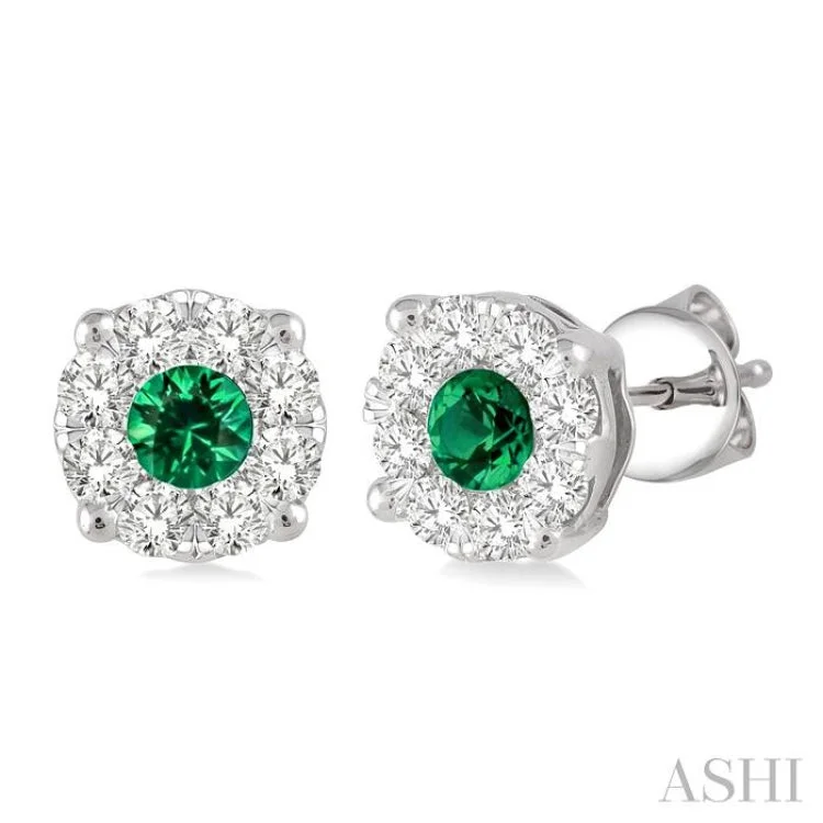 3.2 mm Round Cut Emerald and 1/2 Ctw Lovebright Diamond Earrings in 14K White Gold