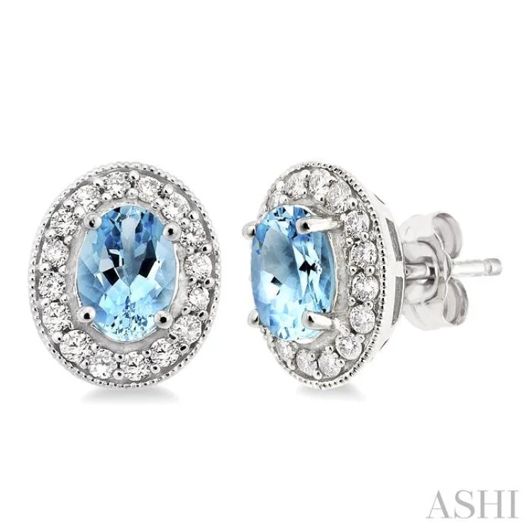 7x5mm Oval Cut Aquamarine and 3/8 Ctw Round Cut Diamond Earrings in 14K White Gold