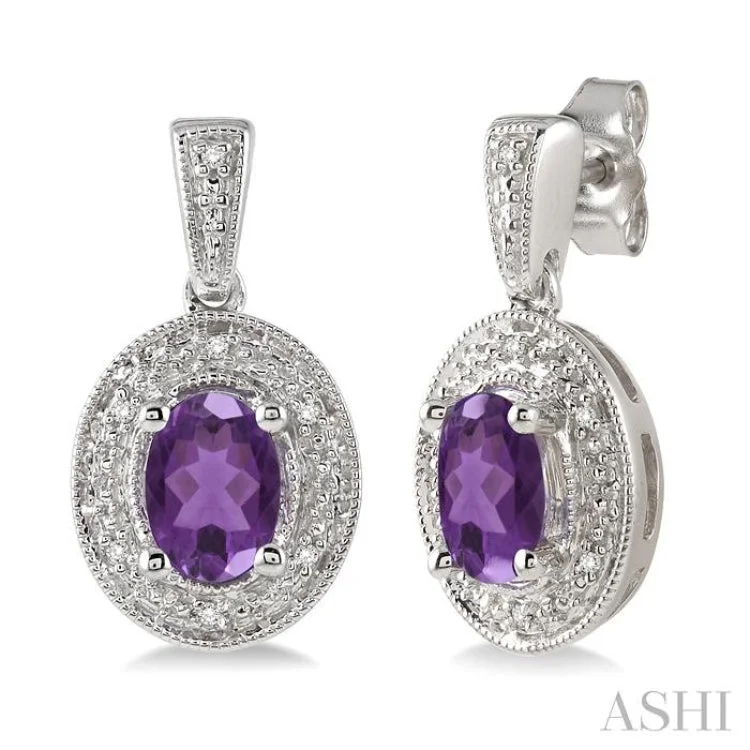 7x5MM Oval Cut Amethyst and 1/20 Ctw Single Cut Diamond Earrings in Sterling Silver