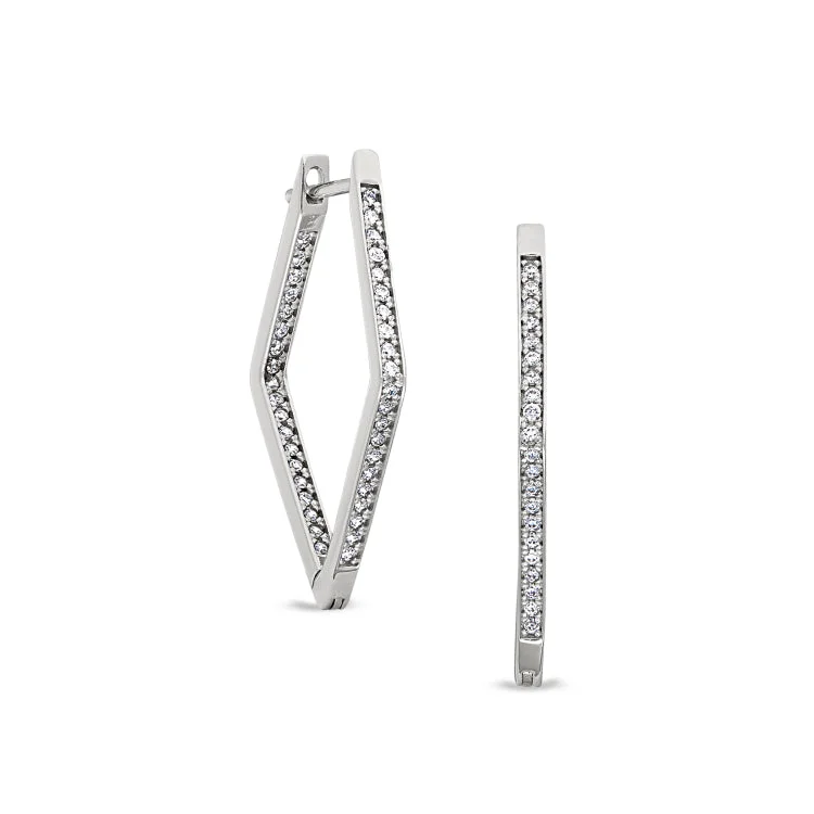 Platinum Finish Sterling Silver Micropave Diamond Shape Hoop Earrings with Simulated Diamonds