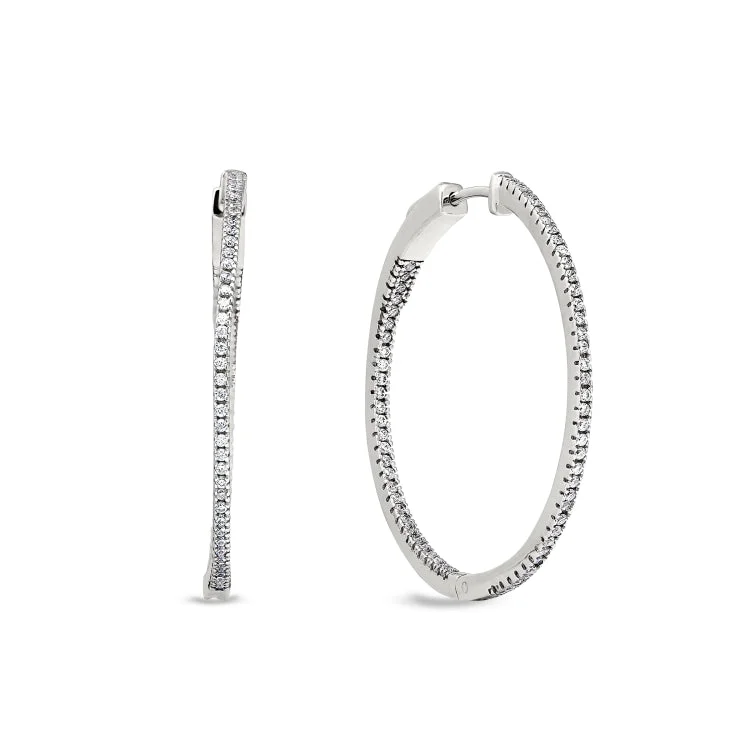 Platinum Finish Sterling Silver Micropave Inside Out Large Hoop Earrings with Simulated Diamonds