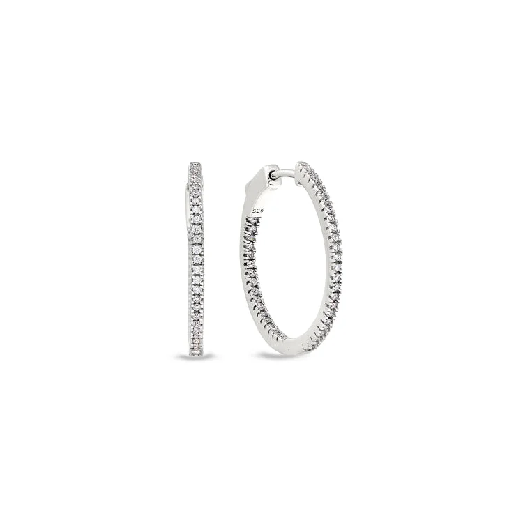 Platinum Finish Sterling Silver Micropave Inside Out Medium Hoop Earrings with Simulated Diamonds