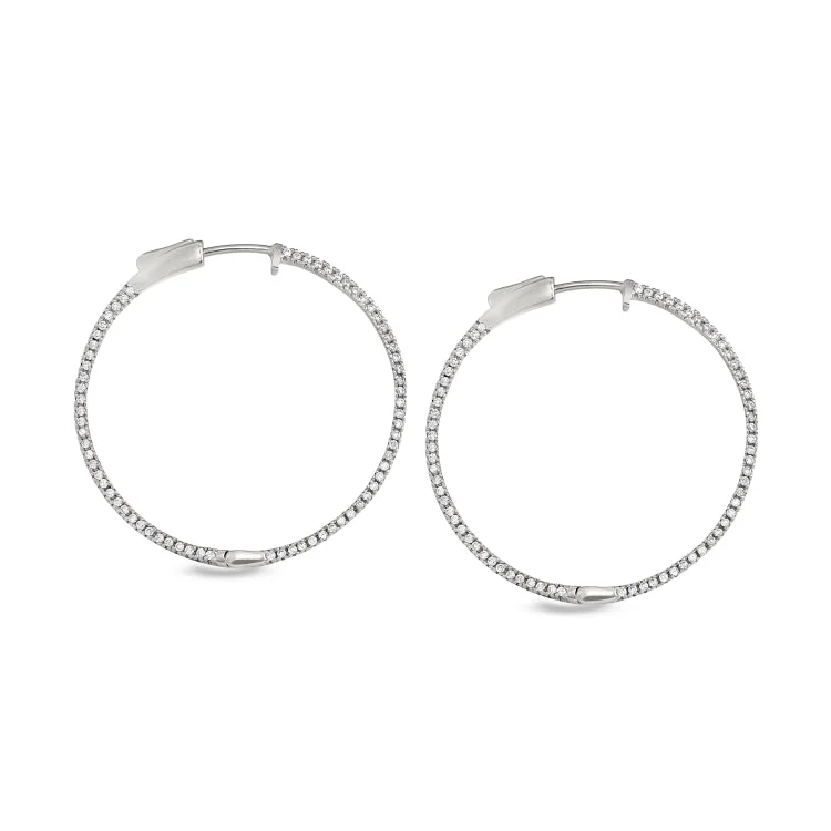 Platinum Finish Sterling Silver Micropave Side Stones Large Hoop Earrings with Simulated Diamonds