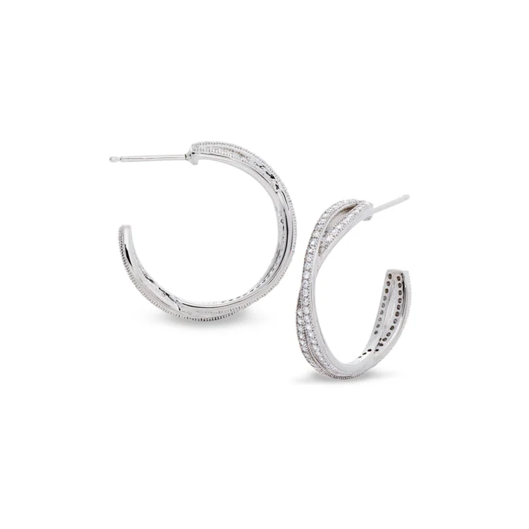 Platinum Finish Sterling Silver Micropave Twisted Hoop Earrings with Simulated Diamonds