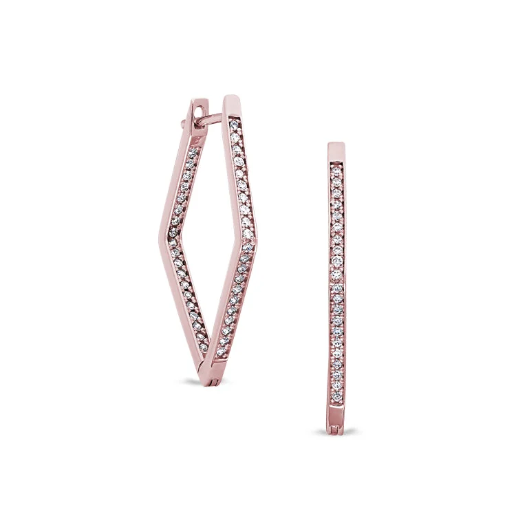 Rose Gold Finish Sterling Silver Micropave Diamond Shape Hoop Earrings with Simulated Diamonds