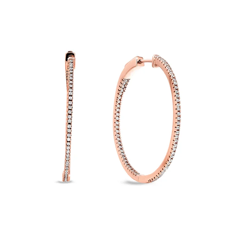 Rose Gold Finish Sterling Silver Micropave Inside Out Large Hoop Earrings with Simulated Diamonds