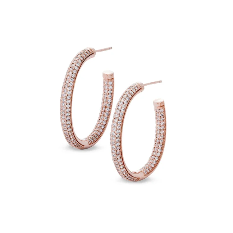 Rose Gold Finish Sterling Silver Micropave Oval Inside Out Hoop Earrings with 294 Simulated Diamonds