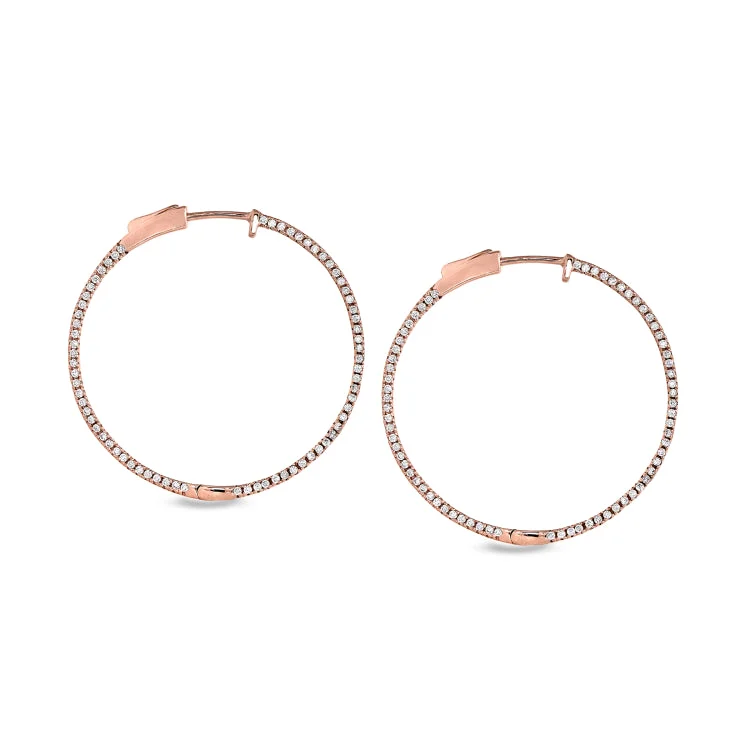 Rose Gold Finish Sterling Silver Micropave Side Stones Large Hoop Earrings with Simulated Diamonds