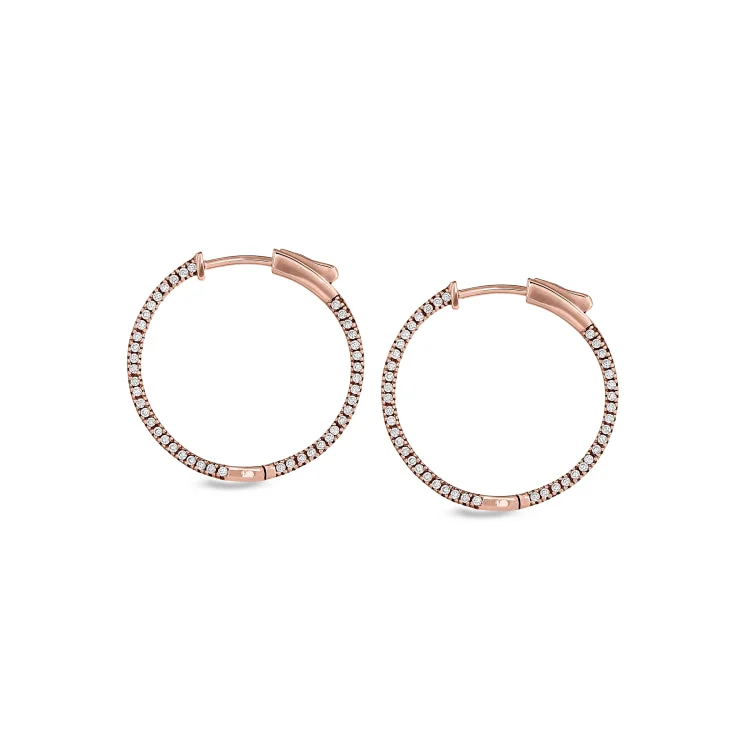 Rose Gold Finish Sterling Silver Micropave Side Stones Medium Hoop Earrings with Simulated Diamonds