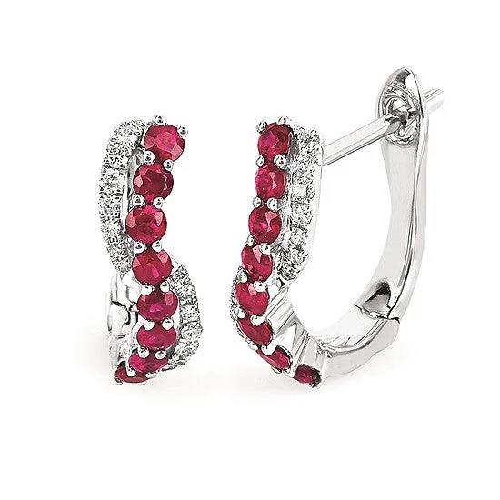 Round Ruby And Diamond Hoops