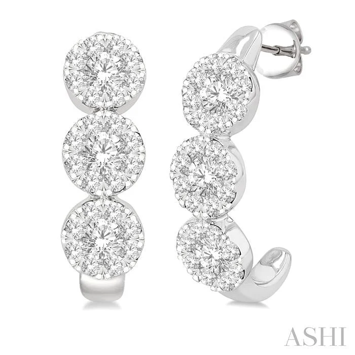 ROUND SHAPE 3 STONE LOVEBRIGHT DIAMOND HALF HOOP EARRINGS