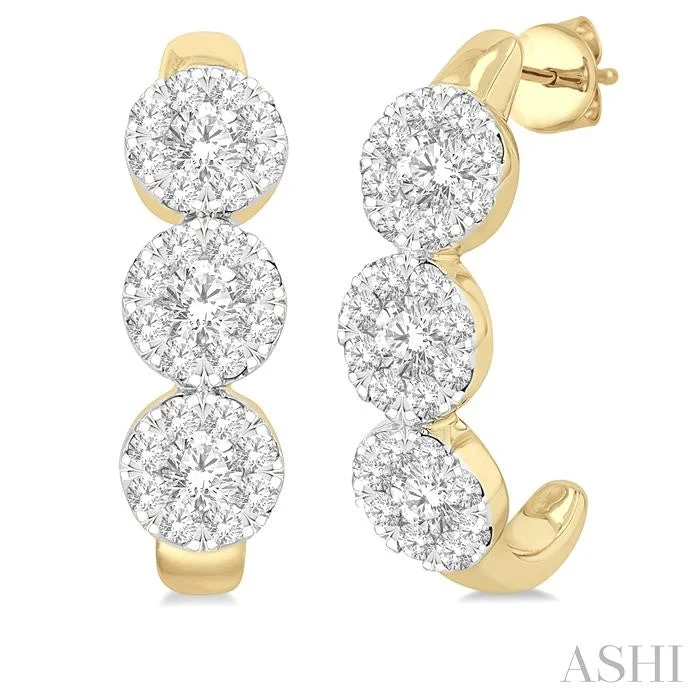 ROUND SHAPE 3 STONE LOVEBRIGHT DIAMOND HALF HOOP EARRINGS