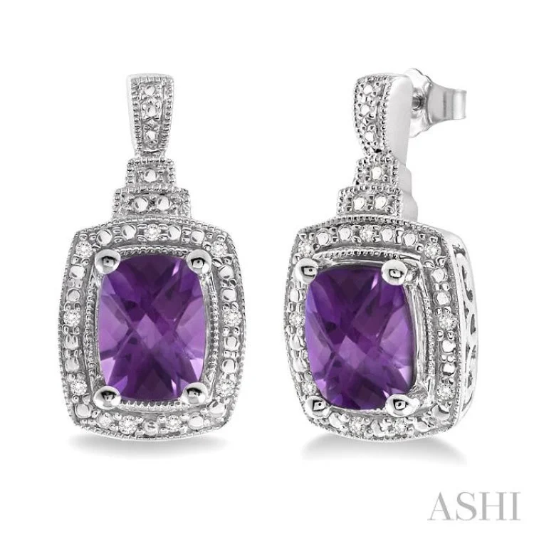 8x6MM Cushion Cut Amethyst and 1/10 Ctw Single Cut Diamond Earrings in Sterling Silver