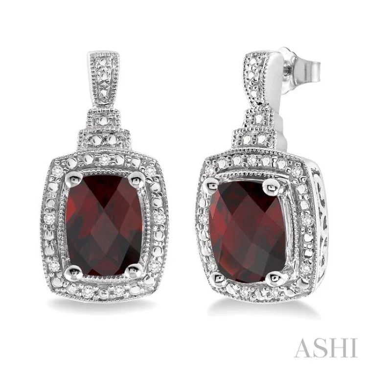 8x6MM Cushion Cut Garnet and 1/10 Ctw Single Cut Diamond Earrings in Sterling Silver