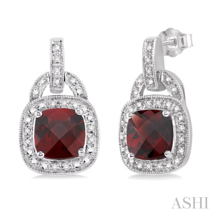 8x8MM Cushion Cut Garnet and 1/10 Ctw Single Cut Diamond Earrings in Sterling Silver