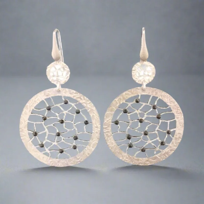 SS & Black Spinel Textured Circle Drop Earrings