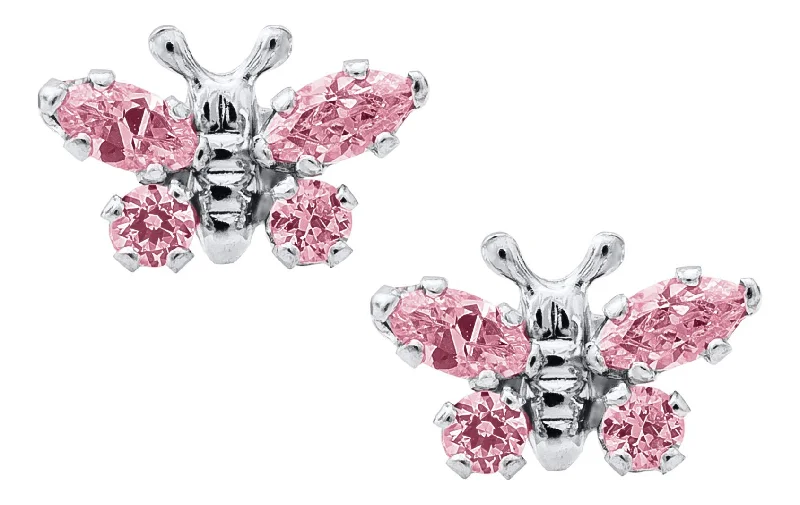 SS Butterfly Pink Cubic Zirconia Baby Studs