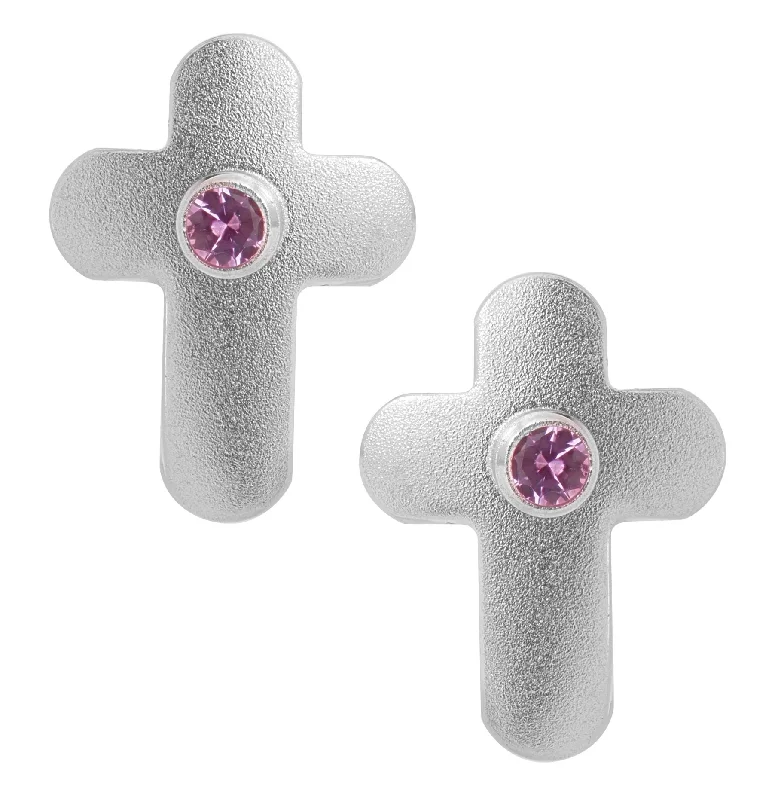 Sterling Silver Cross with Pink Sapphire Baby Studs