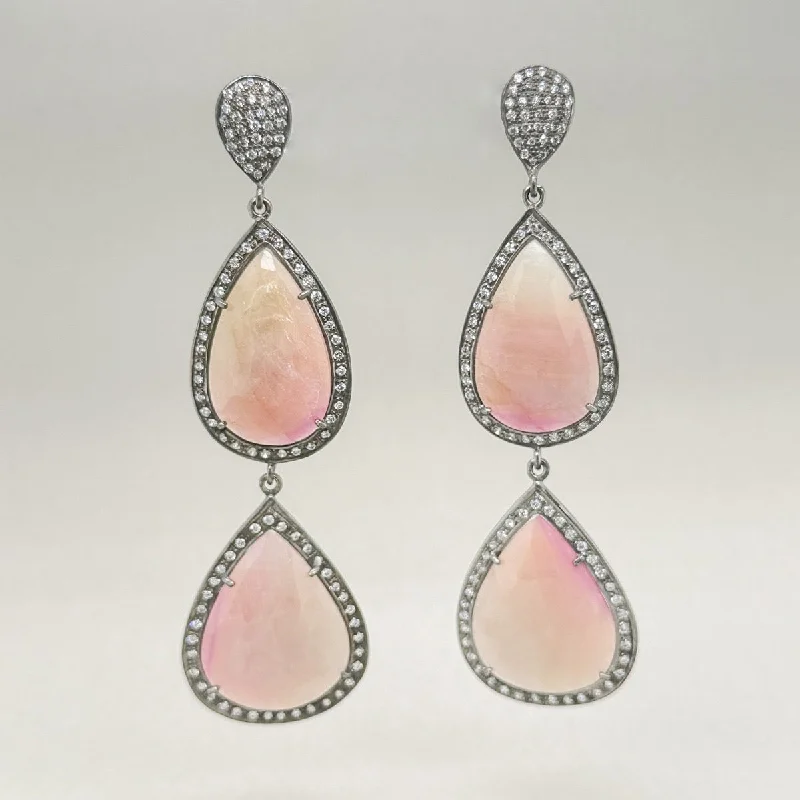 SS Pink Corundum & White Topaz Double Drop Earrings