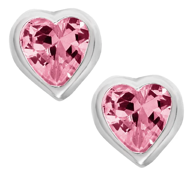 Sterling Silver Pink Cubic Zirconia Heart Baby Studs-October