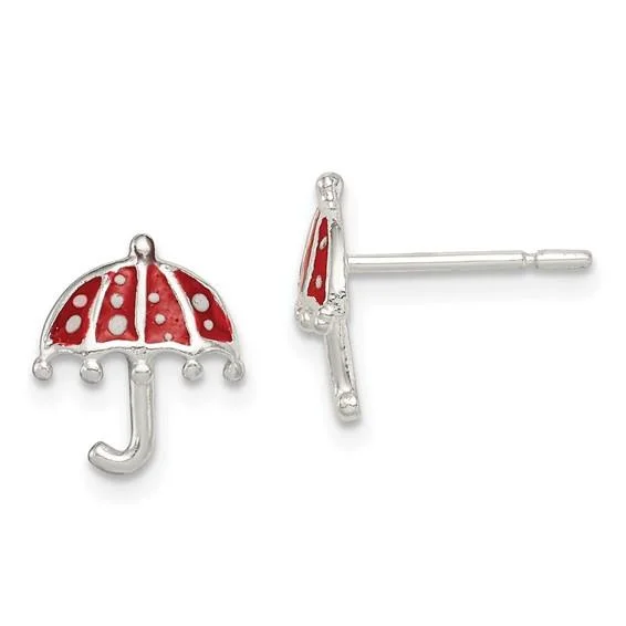 Sterling Silver Red Enameled Umbrella Children's Studs