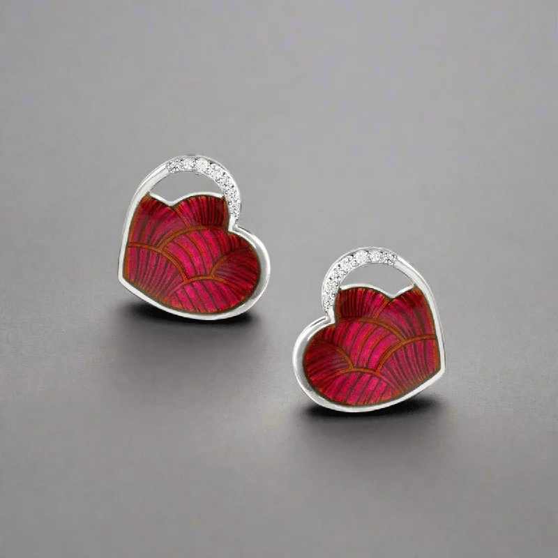 SS Red Heart Stud Earrings with White Sapphires