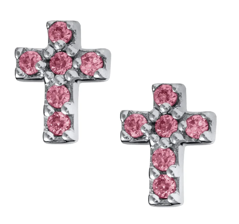 Sterling Siver Cross with Pink Cubic Zirconia Baby Studs