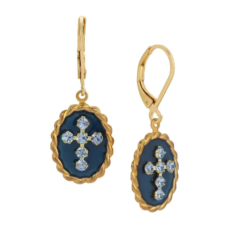 Symbols Of Faith Blue Enamel Crystal Cross Oval Roped Drop Earrings