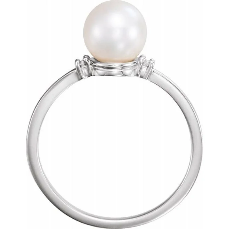 14K White Cultured White Freshwater Pearl & .025 CTW Natural Diamond Ring