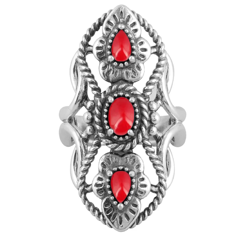 American West Jewelry Genuine Red Coral Sterling Silver Elongated Ring Size 5-10