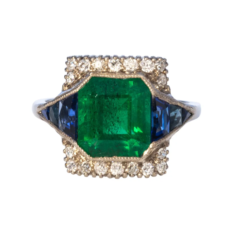 Art Deco Emerald, Sapphire & Diamond 18K Gold Ring