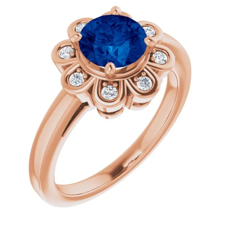 14K Rose Lab-Grown Blue Sapphire & 1/8 CTW Natural Diamond Ring