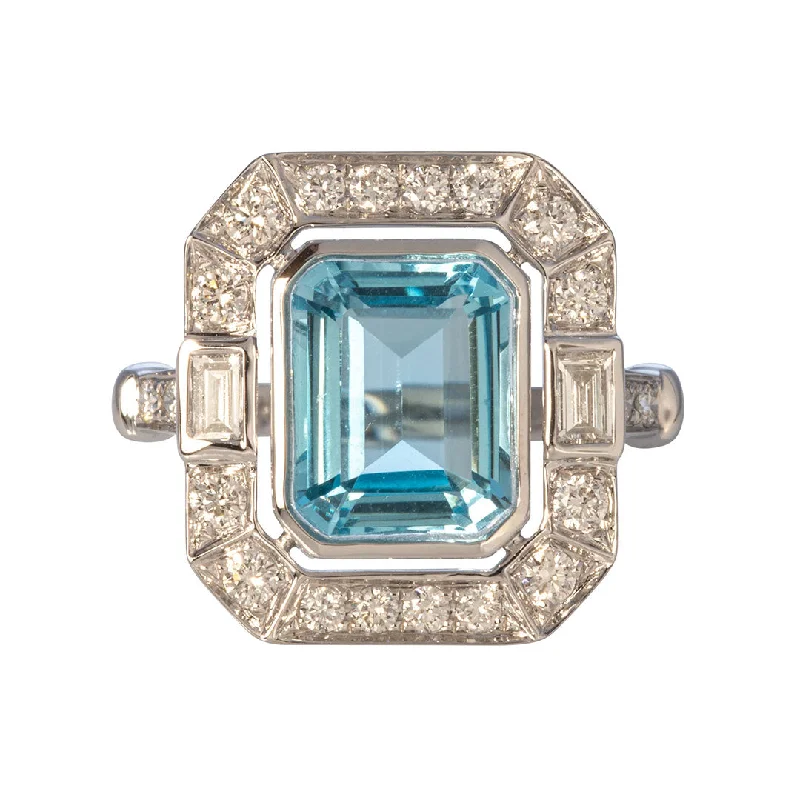 Emerald Cut Blue Topaz & Diamond 18K White Gold Ring