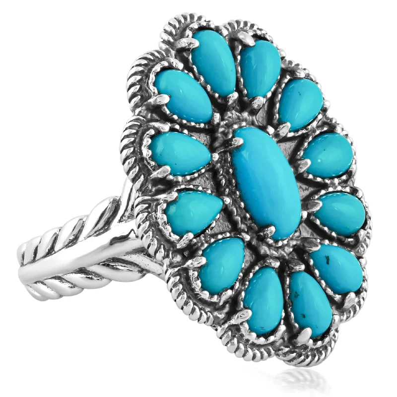 Sterling Silver Blue Turquoise Flower Cluster Ring Sizes 5-10