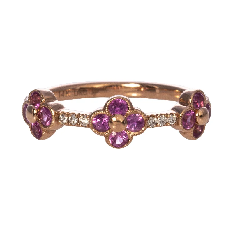 Pink Sapphire & Diamond Clover 14K Rose Gold Halfway Band