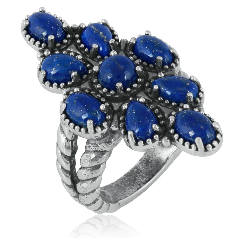 Southwestern Blue Wildflower Cluster Ring- Featuring an Array of Lapis Gemstones and Sterling Silver Rope Band, Sizes  6 - 11