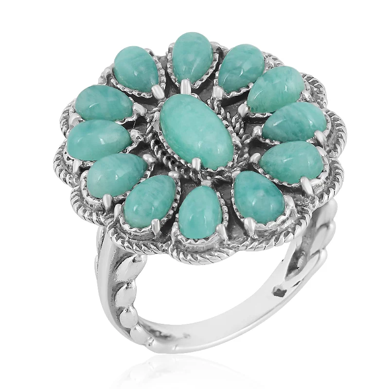 Sterling Silver Amazonite Flower Cluster Rope Ring, Size 5 - 10