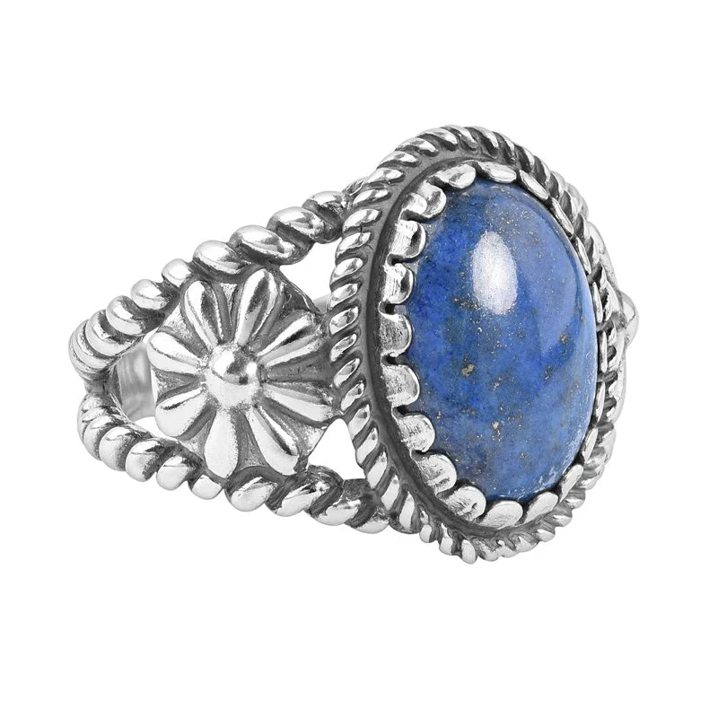 Sterling Silver Denim Lapis Concha Flower Ring, Sizes 5 to 10