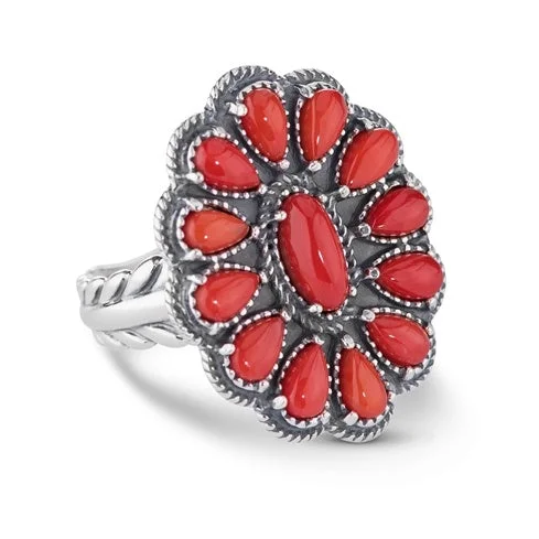 Sterling Silver Red Coral Flower Cluster Rope Ring, Sizes 5 to 10