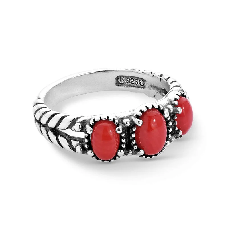 Sterling Silver Three Oval-shaped Red Coral Gemstone Ring Sizes 5 to 10