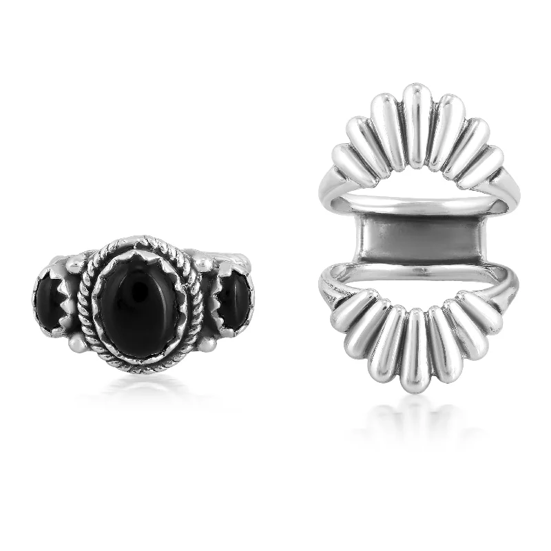 EXCLUSIVELY OURS! Southwestern Sterling Silver with Black Agate Gemstone Crown Design Ring, Sizes 5-10