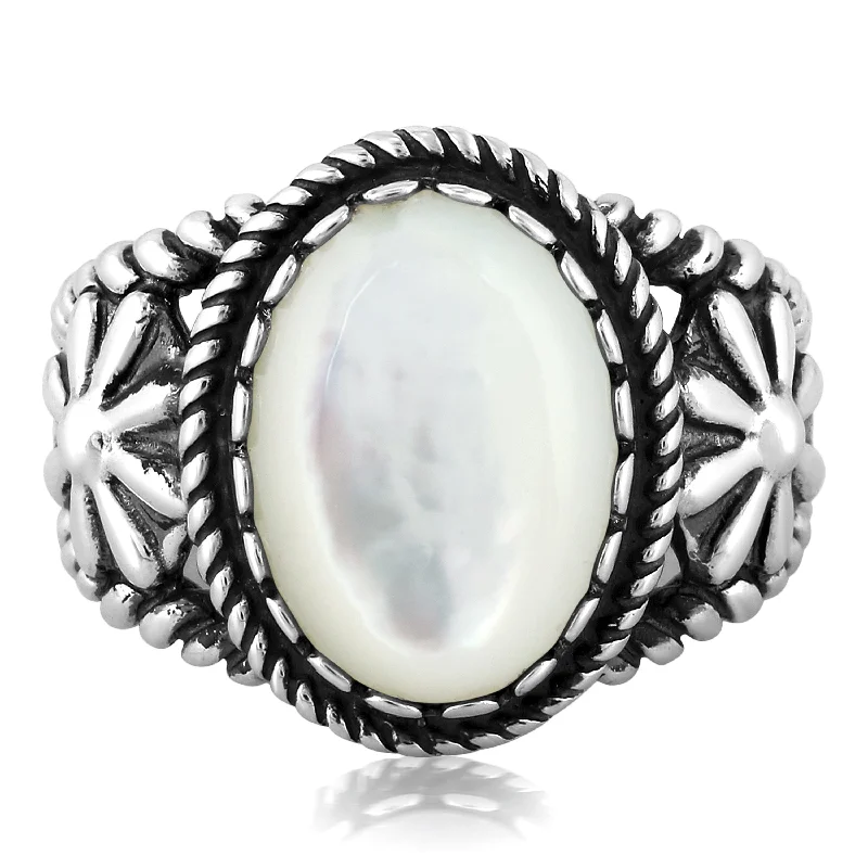 EXCLUSIVELY OURS! Sterling Silver White Mother of Pearl Concha Flower Ring, Sizes 5-10