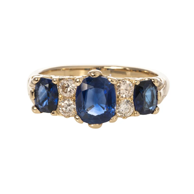 Victorian Style 3-Stone Sapphire & Diamond 14K Gold Ring