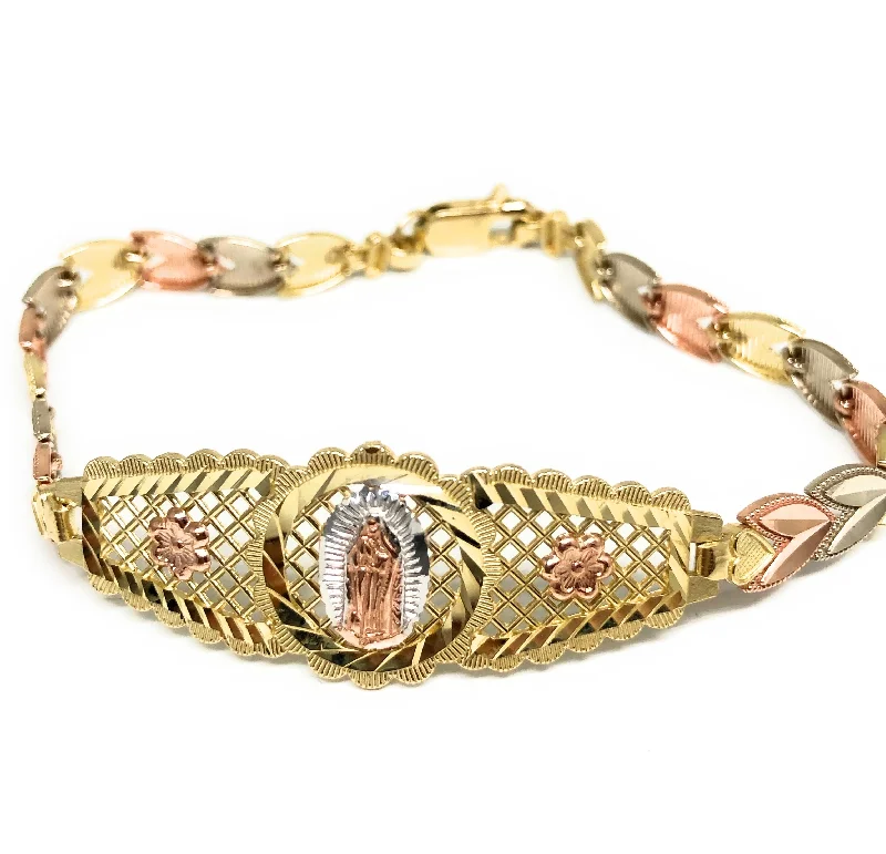 10k Solid Gold Tri-Color Virrgin Mary Flower Brracelet 7.2 inch Virrgen Guadalupe