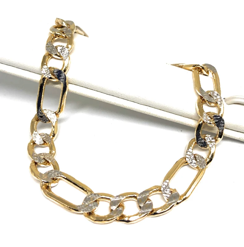 10k Solid Gold Yellow Figaro Diamond Cut (White Gold) Brracelet 8-9 inch 9mm Width (SEMI-HOLLOW STYLE)