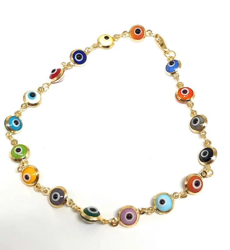 14k Solid Gold Evil Eye Brracelet 6-7.5 INCH 5.5MM BEADS (MED BEADS) (RED,BLUE,TURQUOISE,MULTI-COLOR)