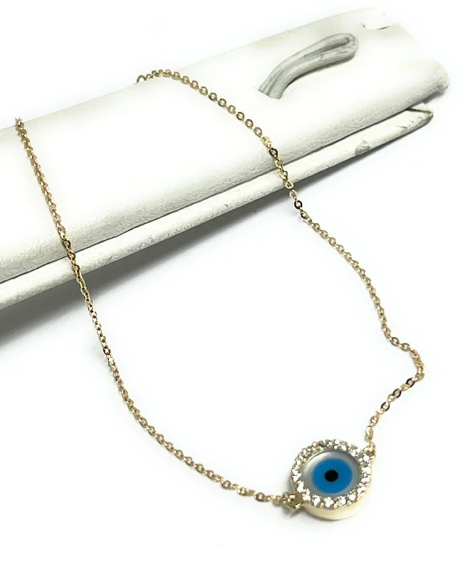 14k Solid Gold Evil Eye CZ Brracelet 8 INCH 1mm Width (THIN & DELICATE) (FC)