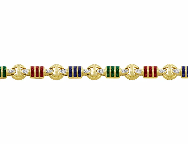 14kt Yellow Gold Diamond, Sapphire, Emerald & Ruby Bracelet